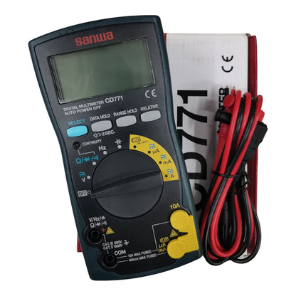 Digital multimeter with cables on a white background Sanwa CD771 Digital Tester 4000 Count Multimeter Range 1000V AC or DC 10A AC or DC 100uf Capacitance Made in Japan Available in Electx ELectrical SUpply