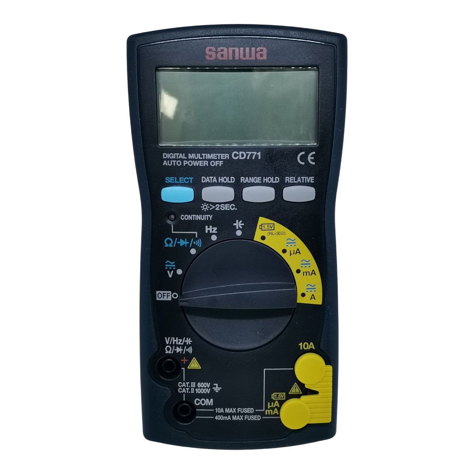 Sanwa digital multimeter on a white background Sanwa CD771 Digital Tester 4000 Count Multimeter Range 1000V AC or DC 10A AC or DC 100uf Capacitance Made in Japan Available in Electx ELectrical SUpply
