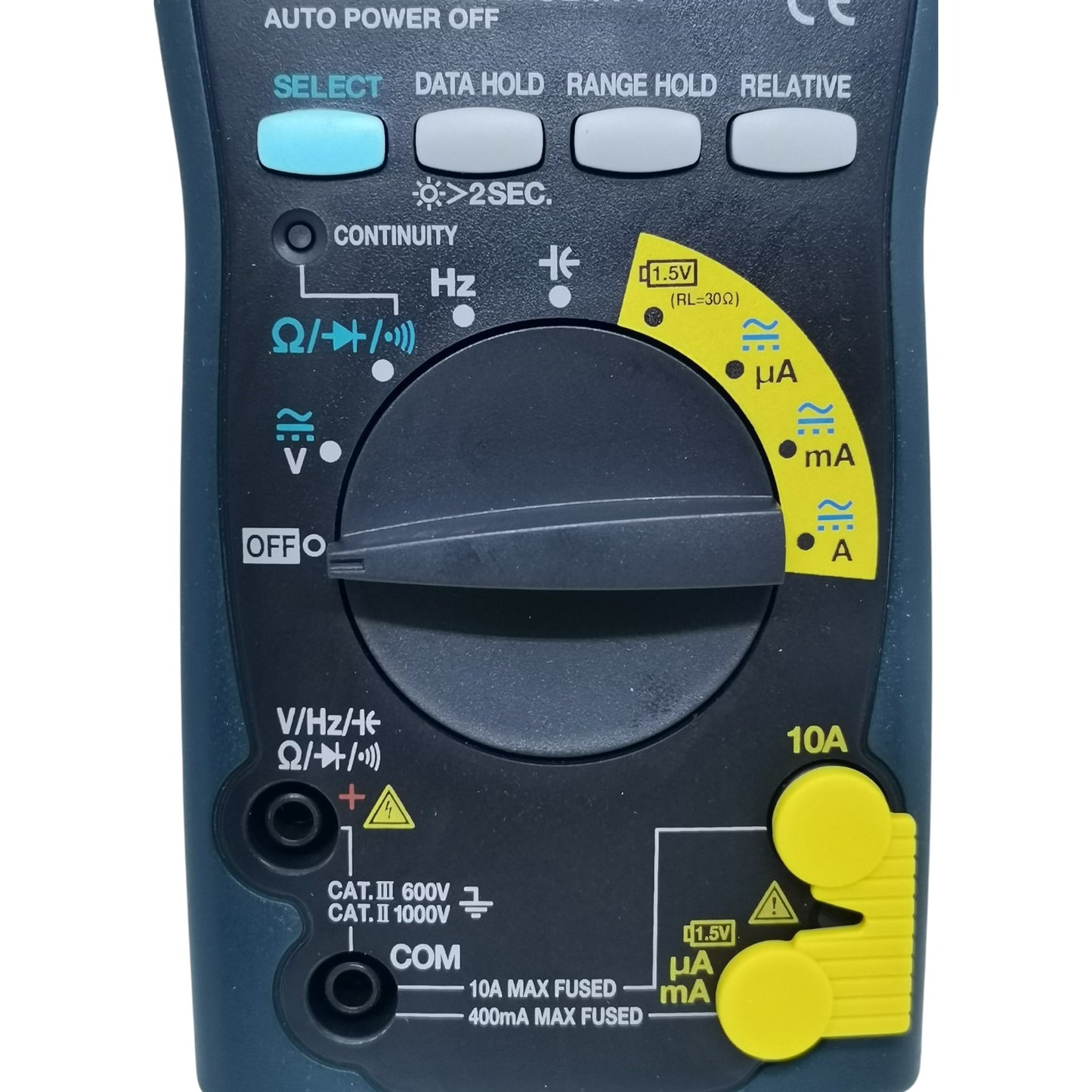 Multimeter with various measurement functions on a white background Sanwa CD771 Digital Tester 4000 Count Multimeter Range 1000V AC or DC 10A AC or DC 100uf Capacitance Made in Japan Available in Electx ELectrical SUpply