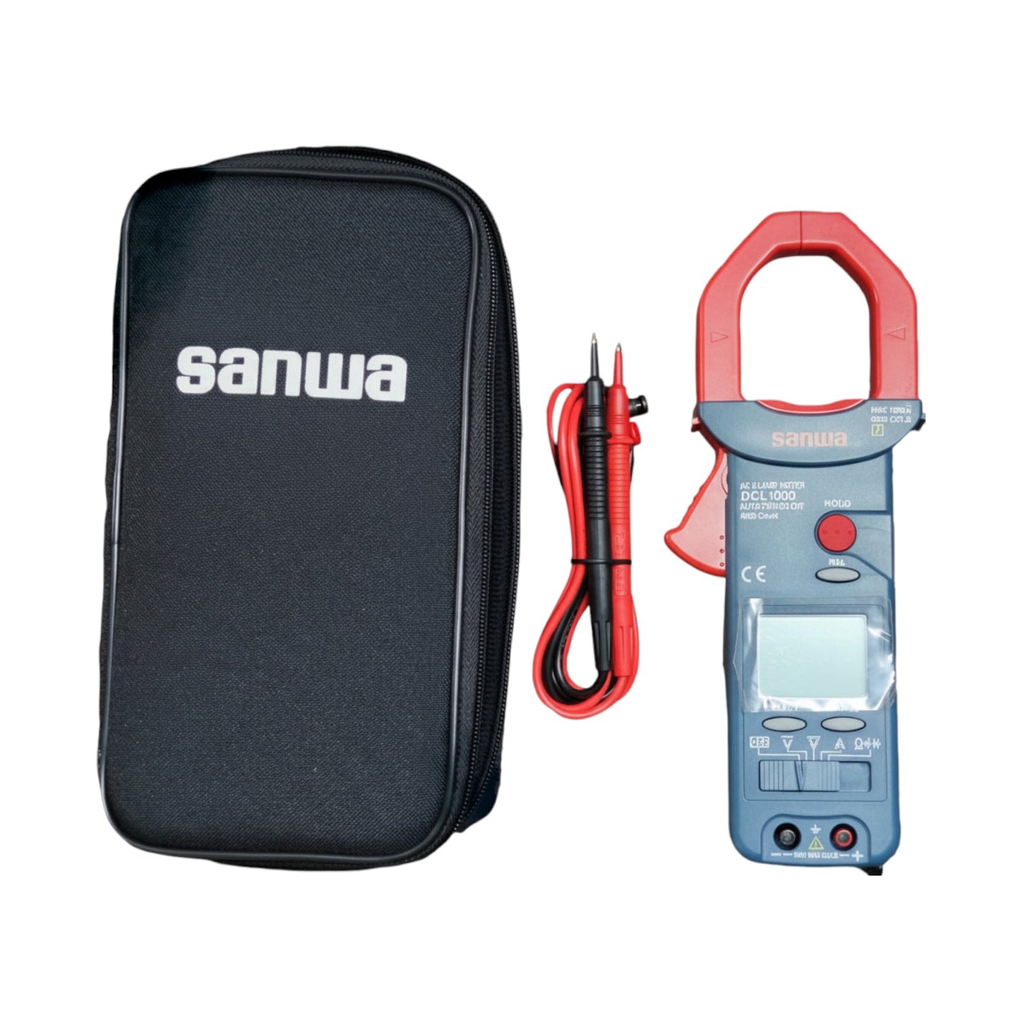 Sanwa digital clamp meter with case and leads on a white background Sanwa DCL 1000 Digital Clamp Tester 1000A AC Clamp Ammeter 600V AC