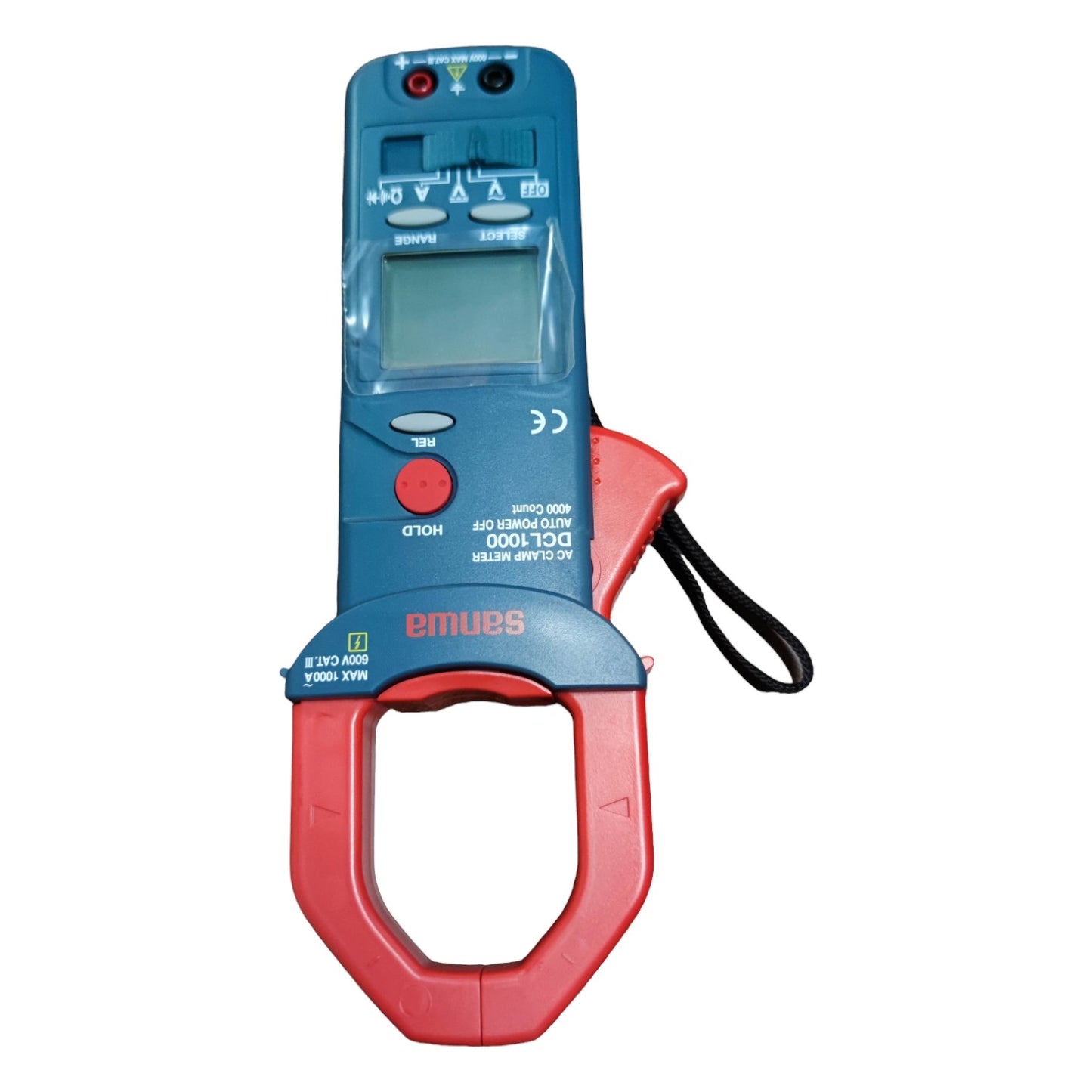 Digital multimeter with red and blue design on a white background Sanwa DCL 1000 Digital Clamp Tester 1000A AC Clamp Ammeter 600V AC Electx Electrical Supply