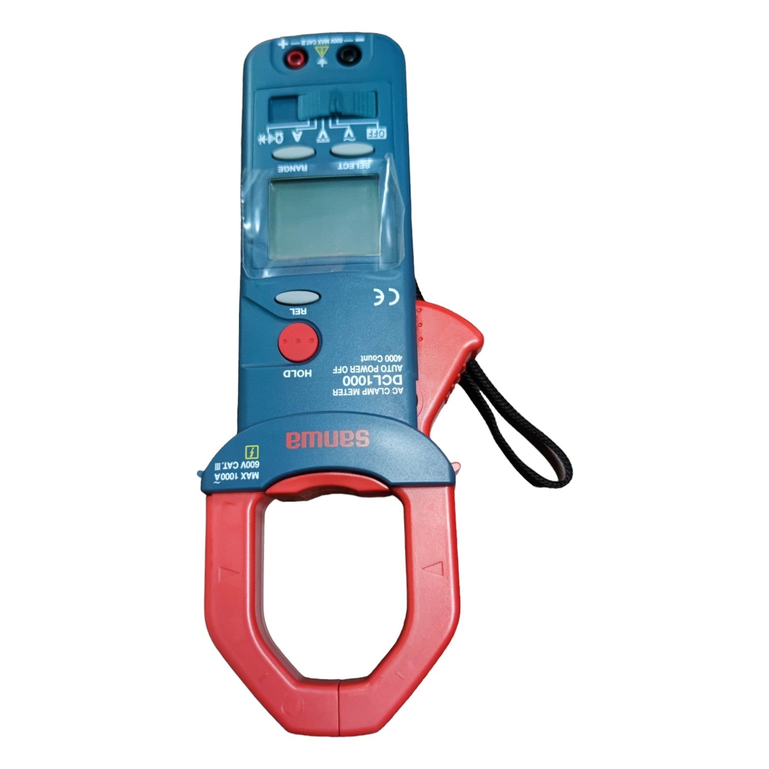 Digital multimeter with red and blue design on a white background Sanwa DCL 1000 Digital Clamp Tester 1000A AC Clamp Ammeter 600V AC Electx Electrical Supply