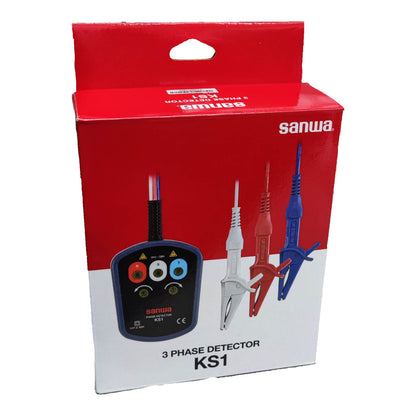 Red and white packaging of a Sanwa 3 Phase Detector KS1 on a white background Sanwa Phase Detector KS1 3-Phase Sequence Tester Electx Electrical Supply
