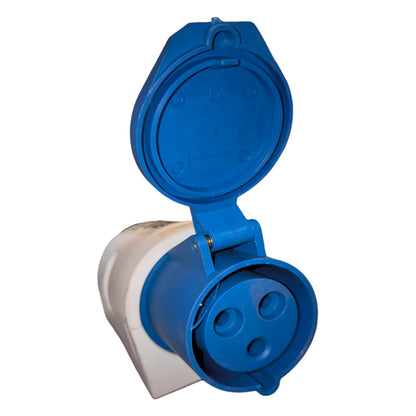 Blue and white electrical plug on a white background