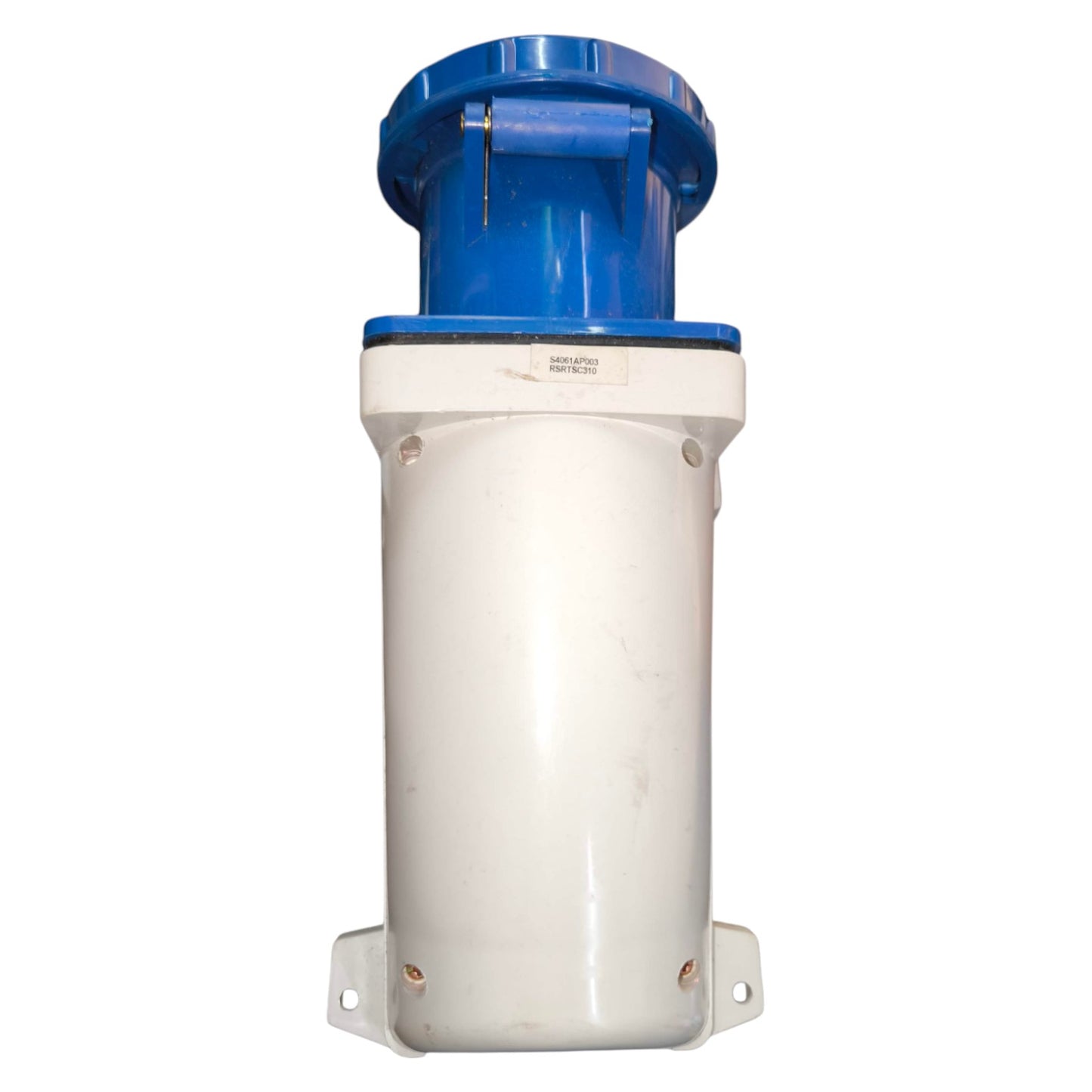 White cylindrical container with blue top on a white background