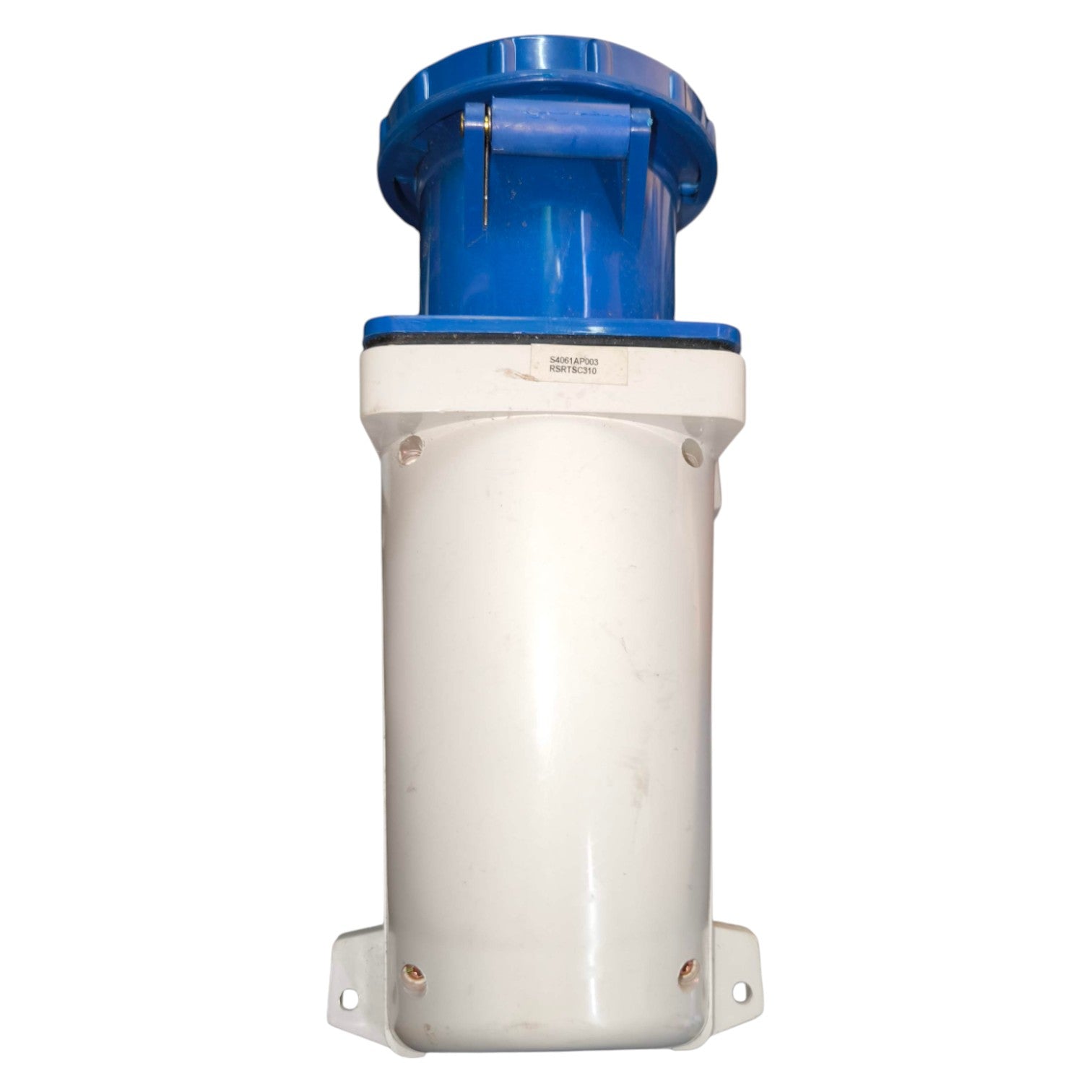 White cylindrical container with blue top on a white background