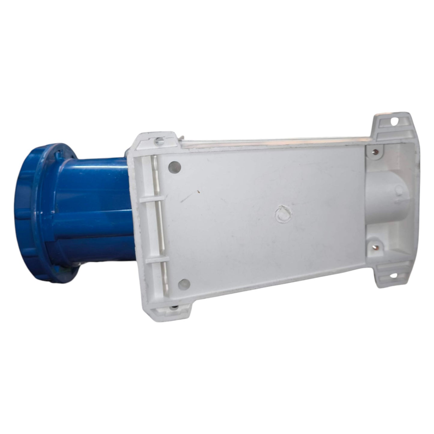 Mechanical component with blue and white sections on a white background