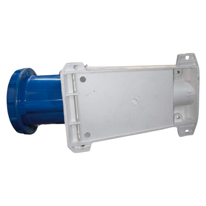Mechanical component with blue and white sections on a white background