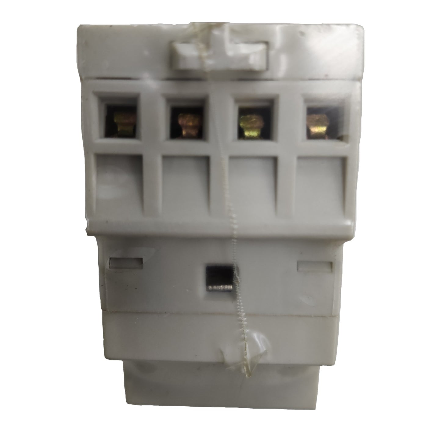 White electronic component with multiple connectors on a white background