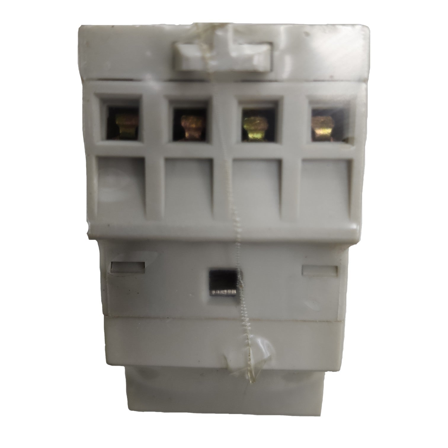 White electronic component with multiple connectors on a white background