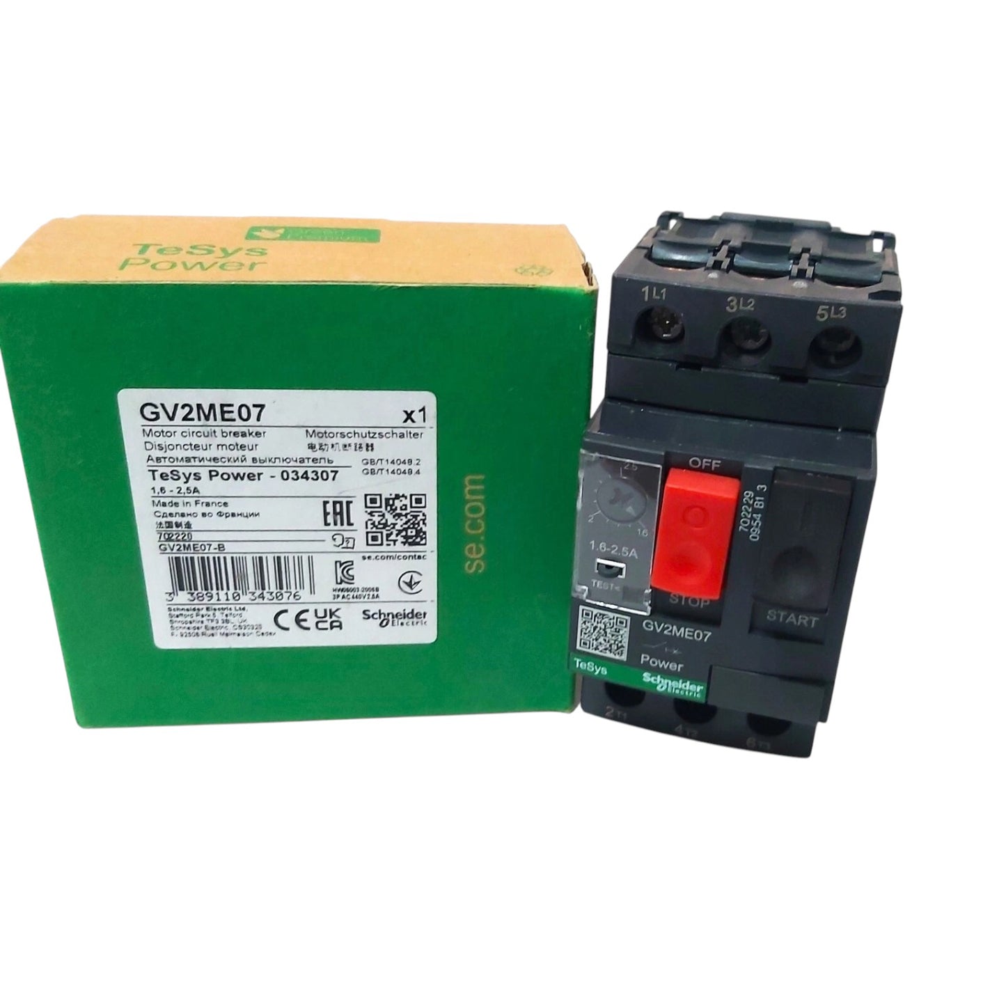 Schneider Motor Protection Circuit Breaker 3 Phase 1.6A to 2.5A Max 690V GV2ME07
