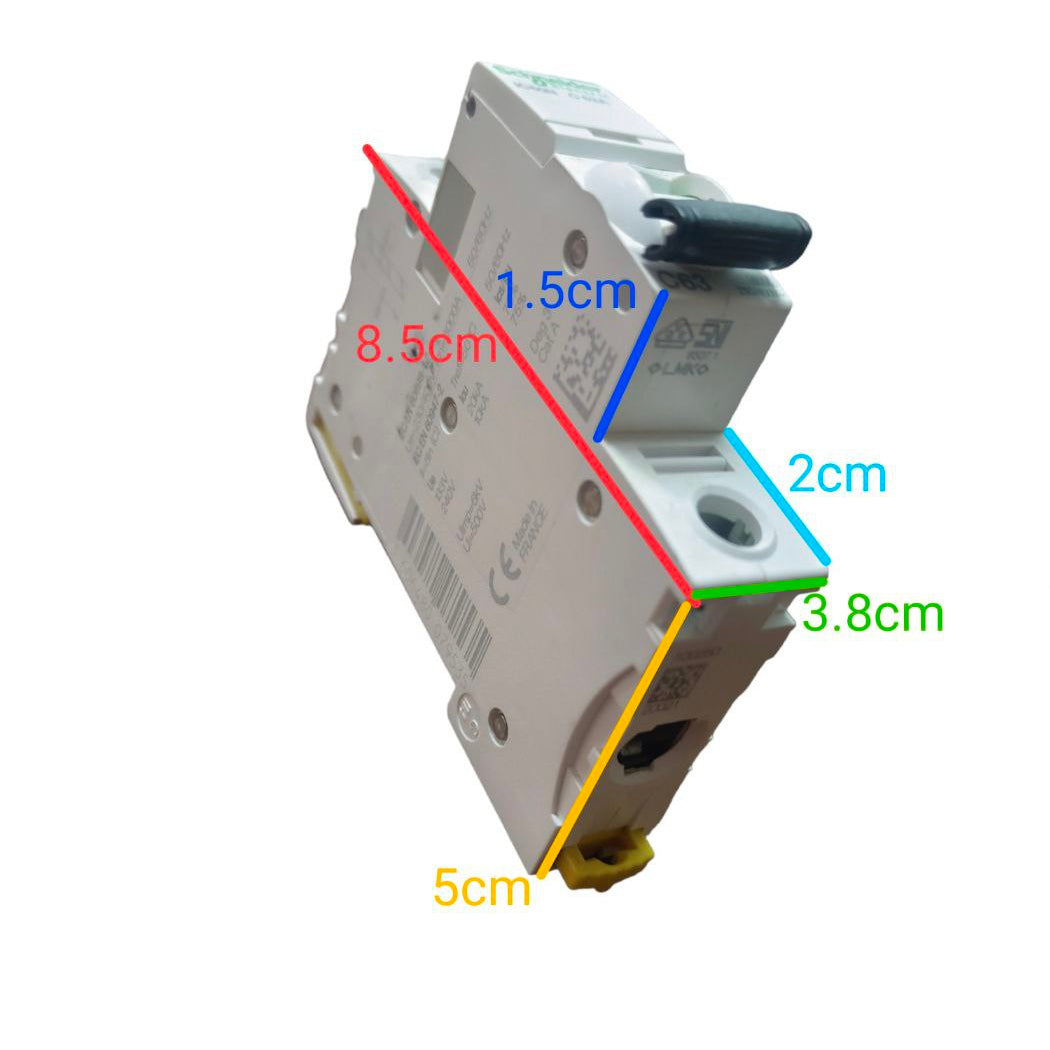 Electrical circuit breaker with measurements marked on a white background