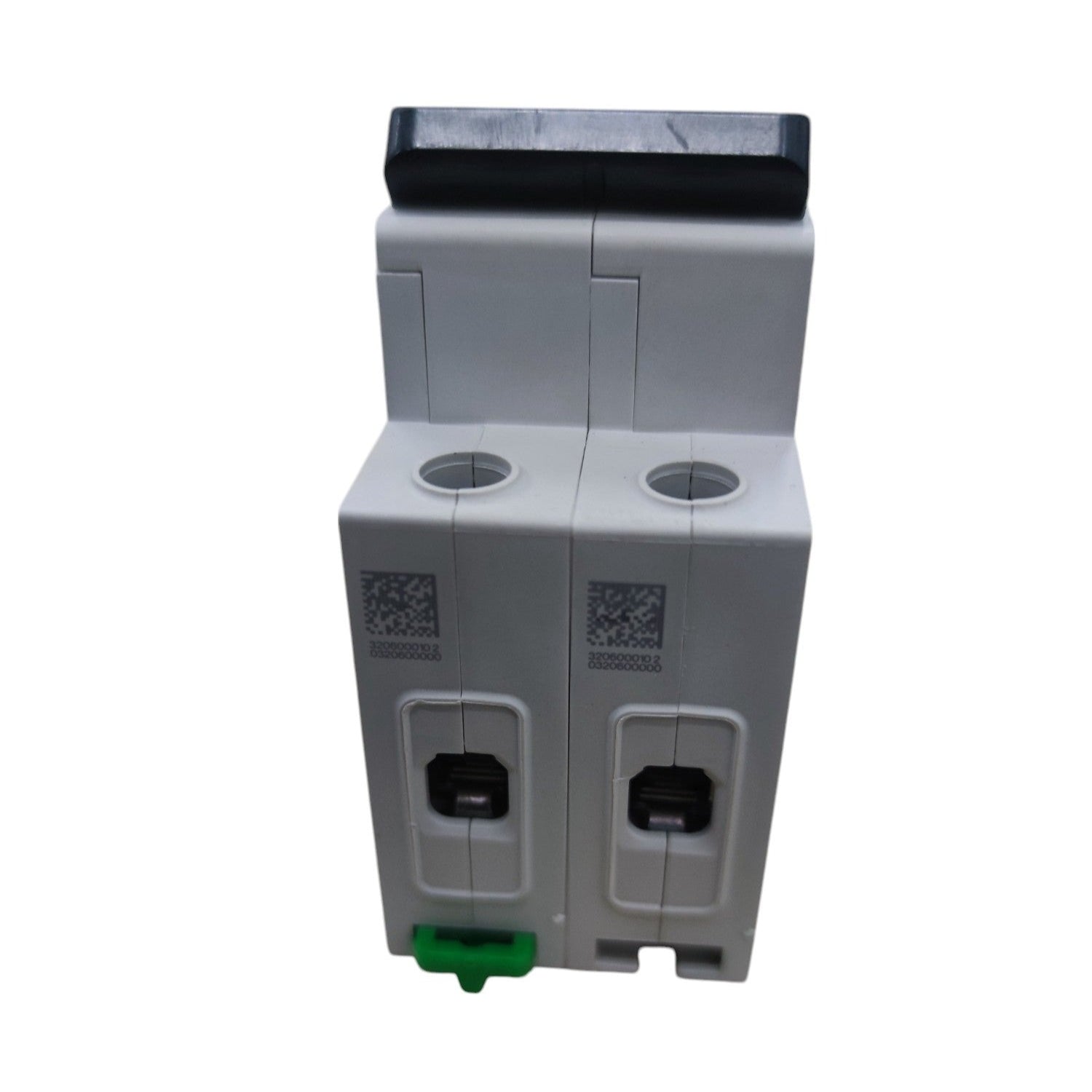 Two gray electrical connectors stacked on a white background
