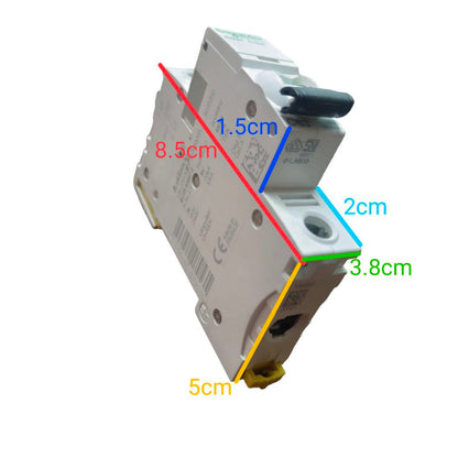 Electrical circuit breaker with labeled dimensions on a white background