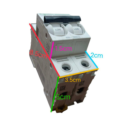 Schneider 63A Miniature Circuit Breaker 2 Pole with clear labels showing dimensions and connection points