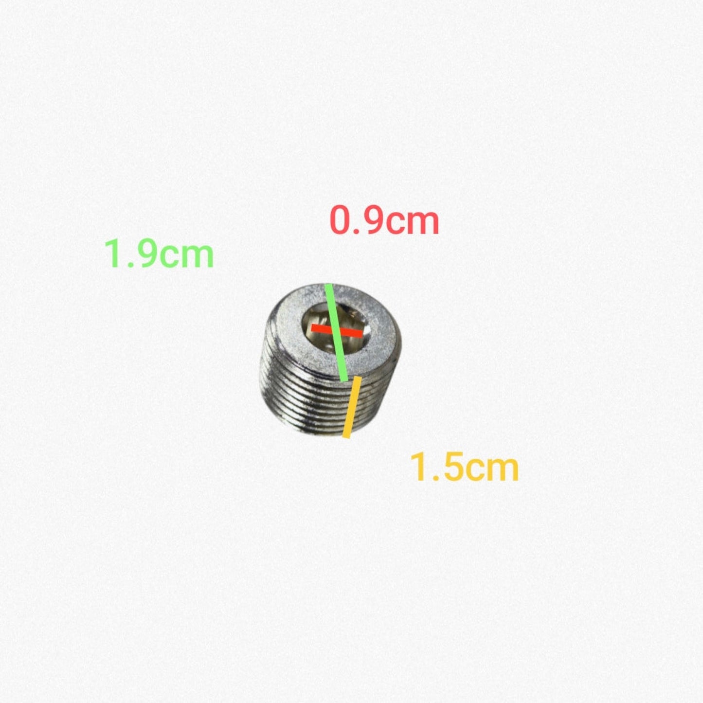 Metal fitting with measurements on a white background