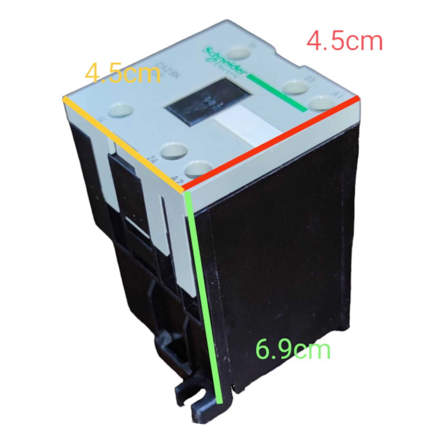 Black electronic component with measurements on a white background