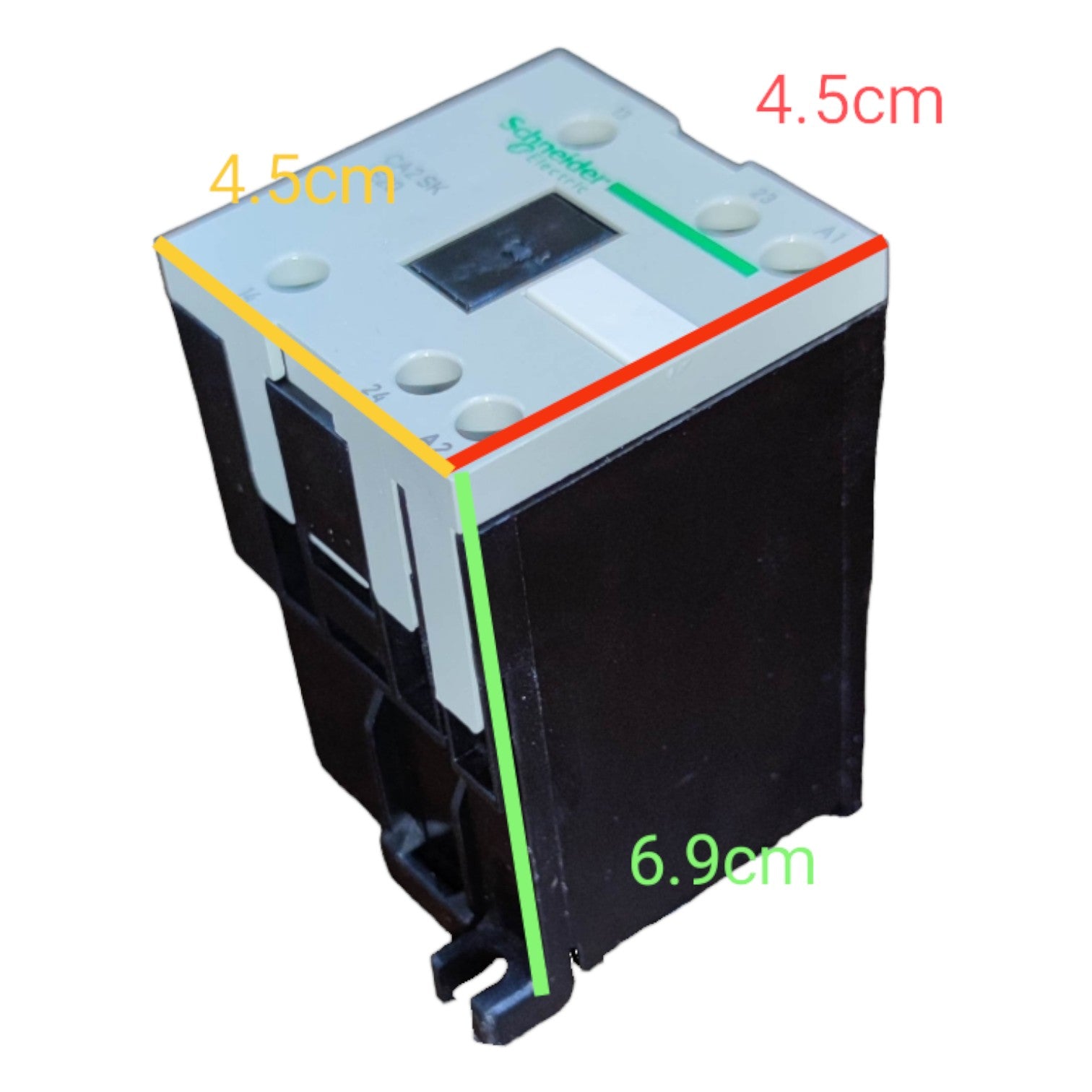 Black electronic component with measurements on a white background