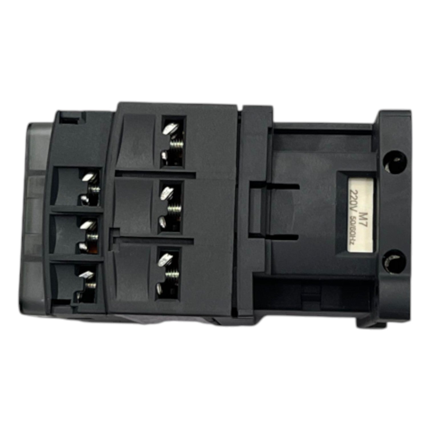 Black electrical connector on a white background