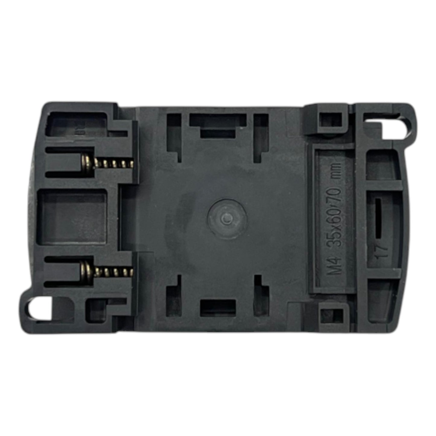 Black plastic component on a white background