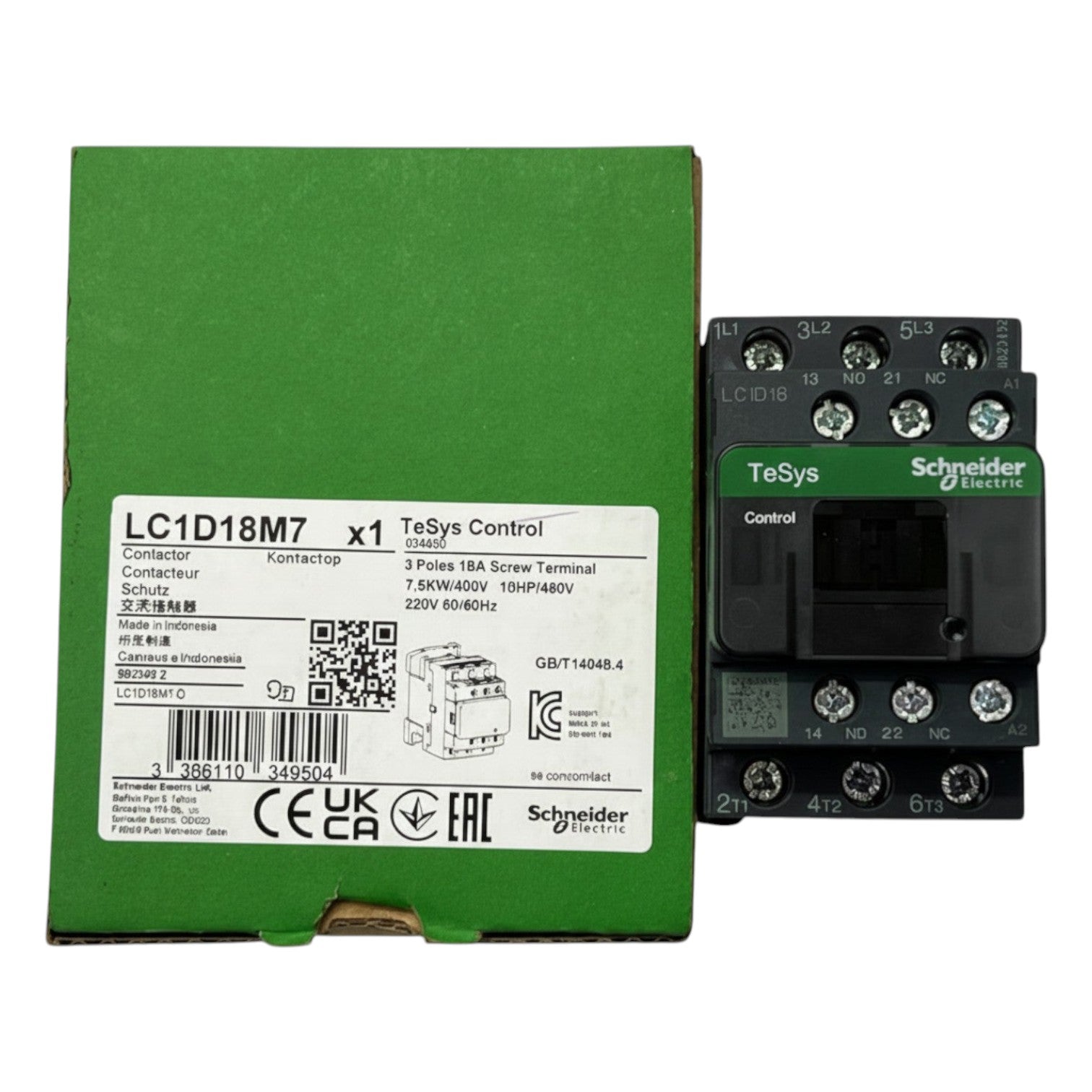 Schneider Electric contactor with green box packaging on a white background