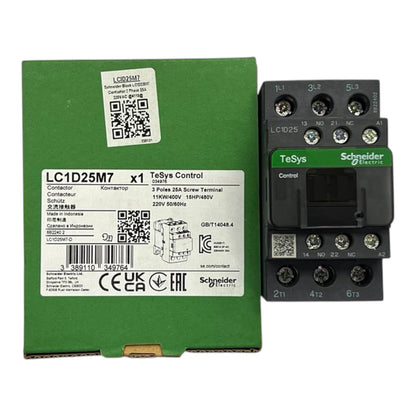 TeSys control relay with green packaging featuring a QR code and labels.