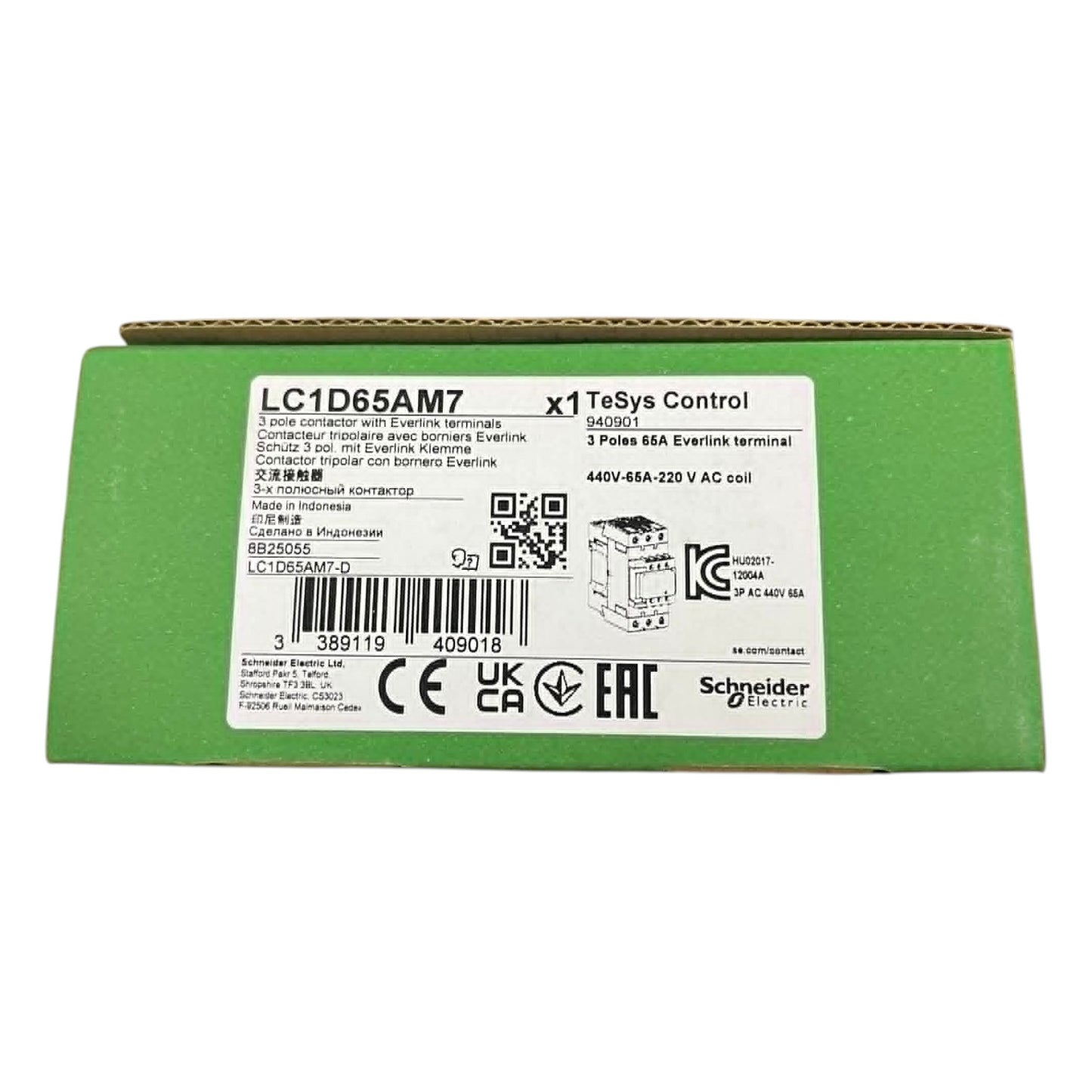 Green box with a label for TeSys Control by Schneider Electric on a white background