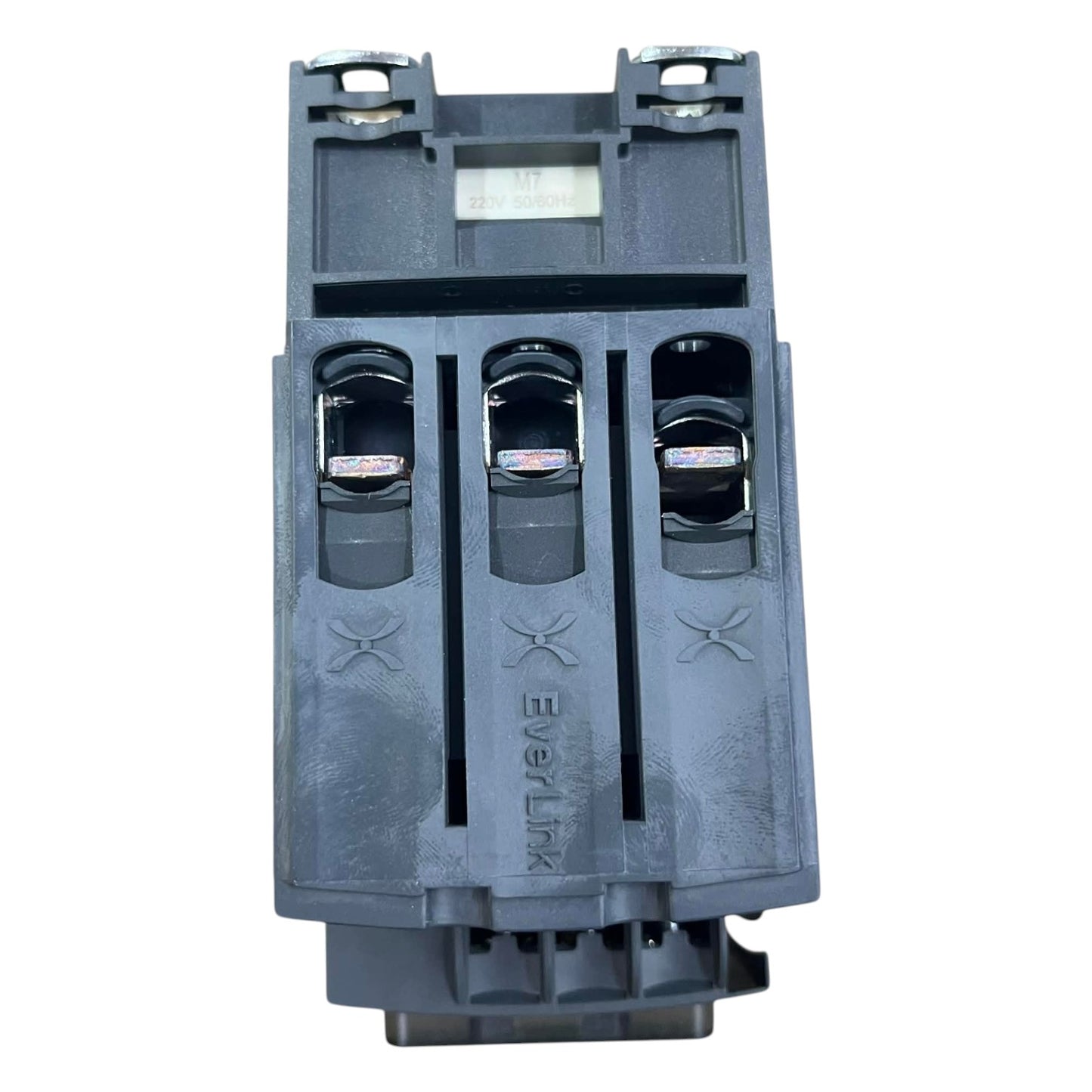 Gray electrical breaker panel with multiple slots on a white background