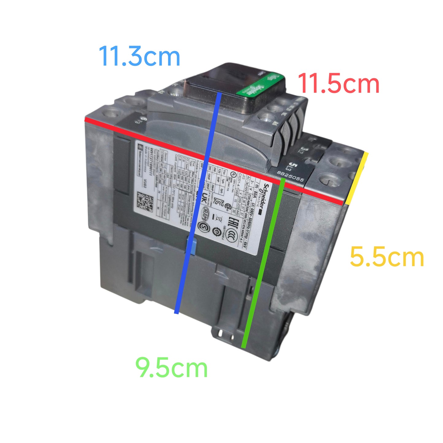 Electrical component with dimensions labeled on a white background