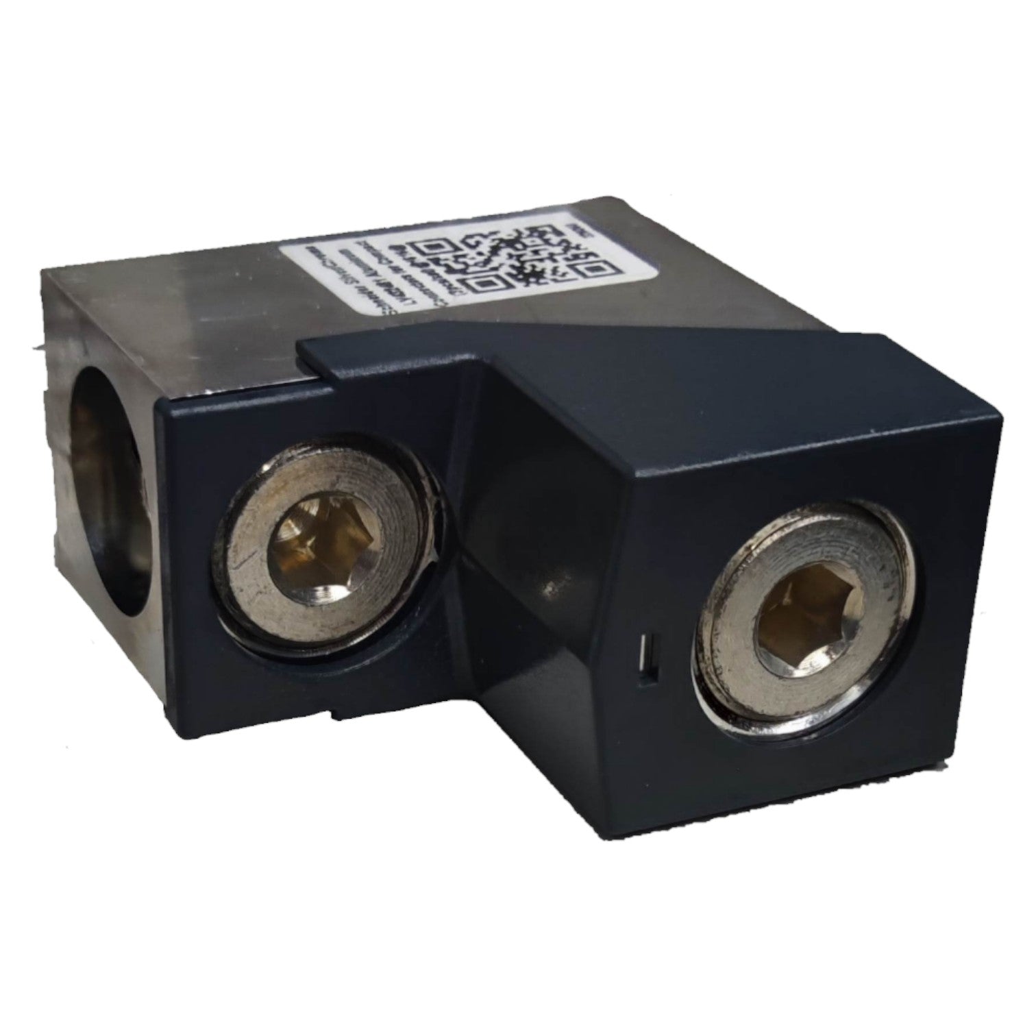Black metal component with two circular holes on a white background