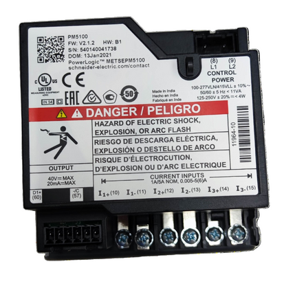 Schneider Power Meter METSEPM5100 electrical trade tool with warning label and multiple connection terminals