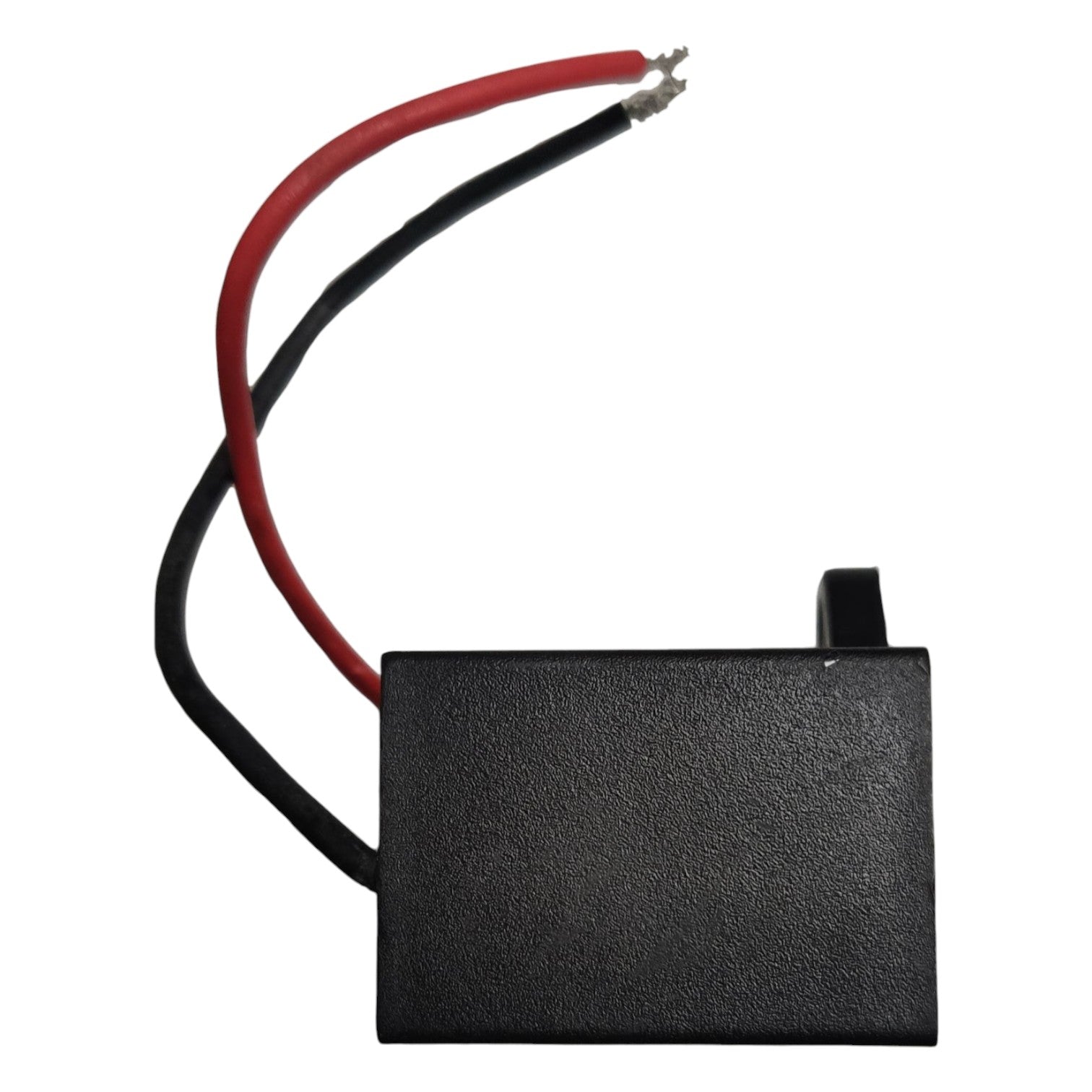 Black rectangular battery with red and black wires on a white background