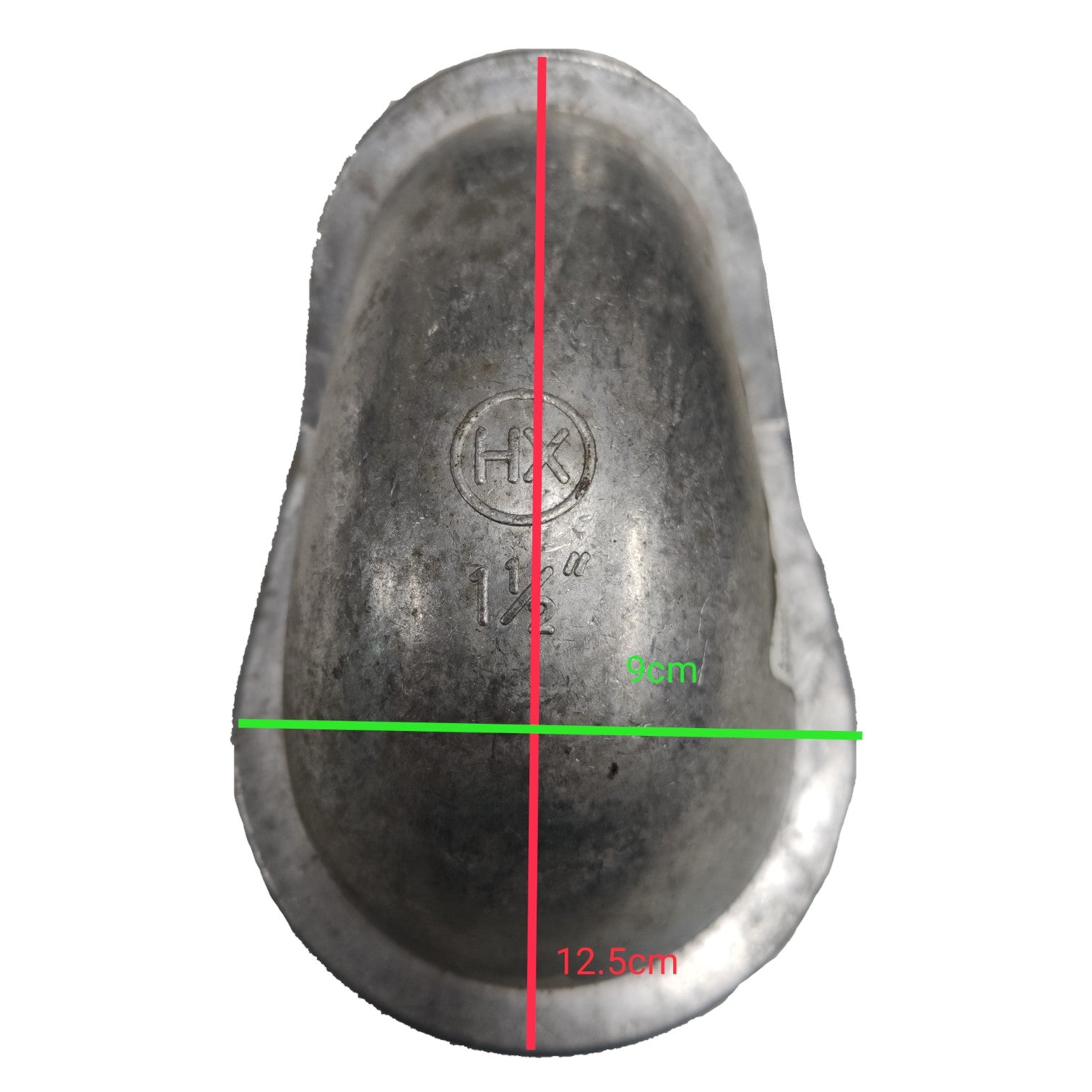 Metal casting with dimensions marked on a white background