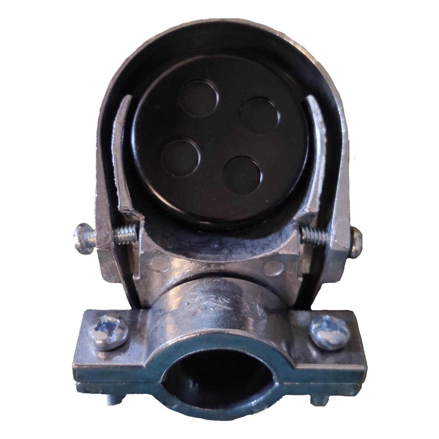 Metallic connector with black circular component on a white background