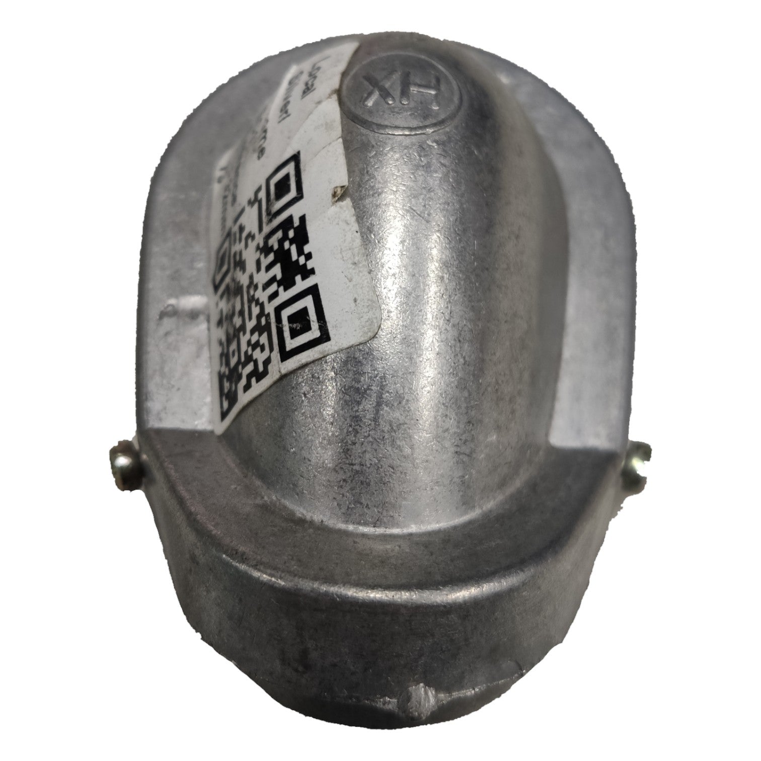 Metallic cylindrical device with a QR code label on a white background