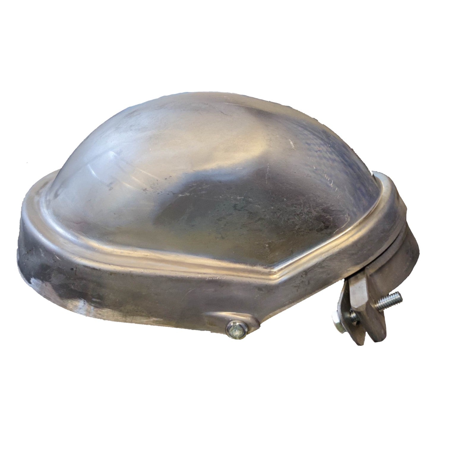 Metallic dome-shaped object with a band and screw on a white background