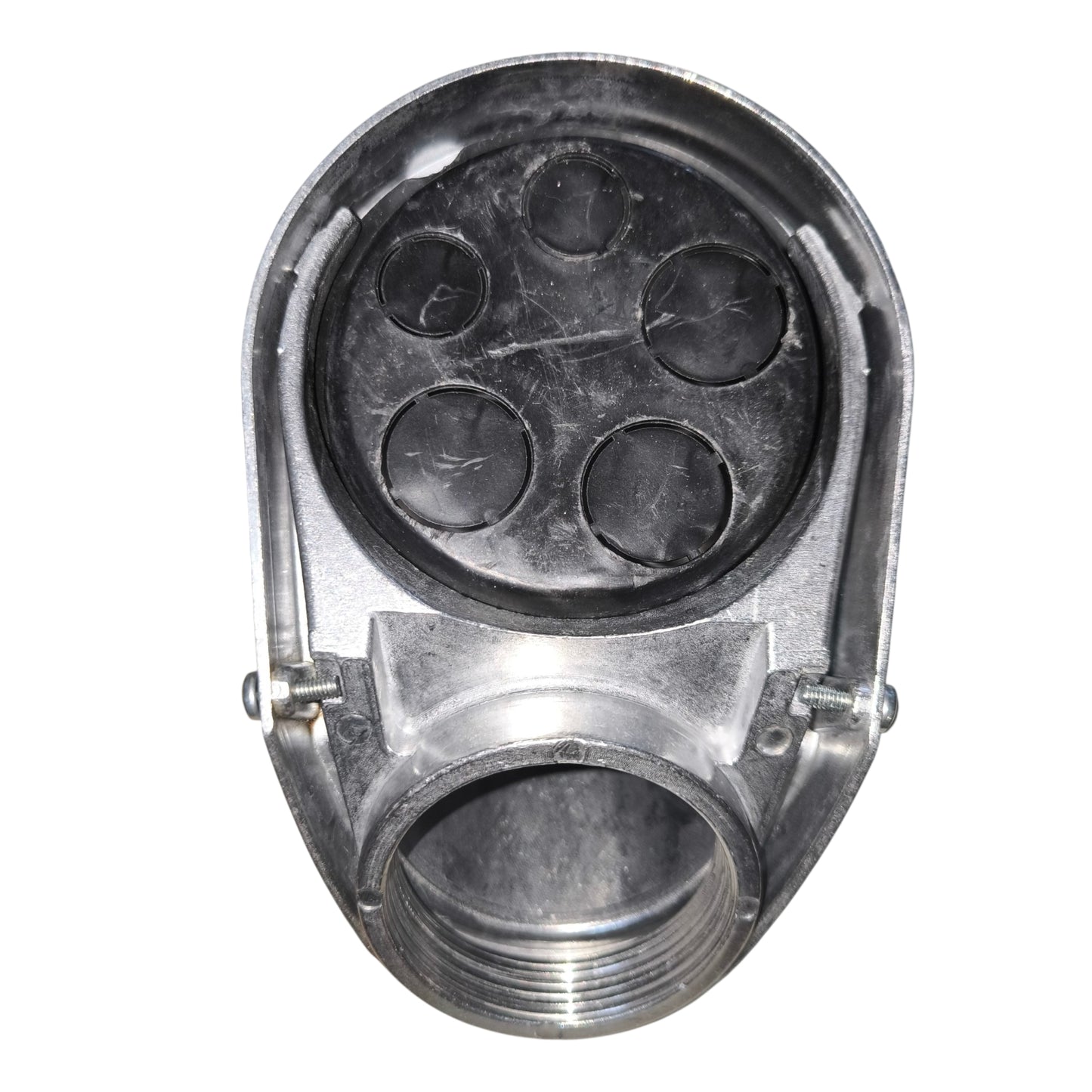 Metallic fitting with threaded end and circular opening on a white background