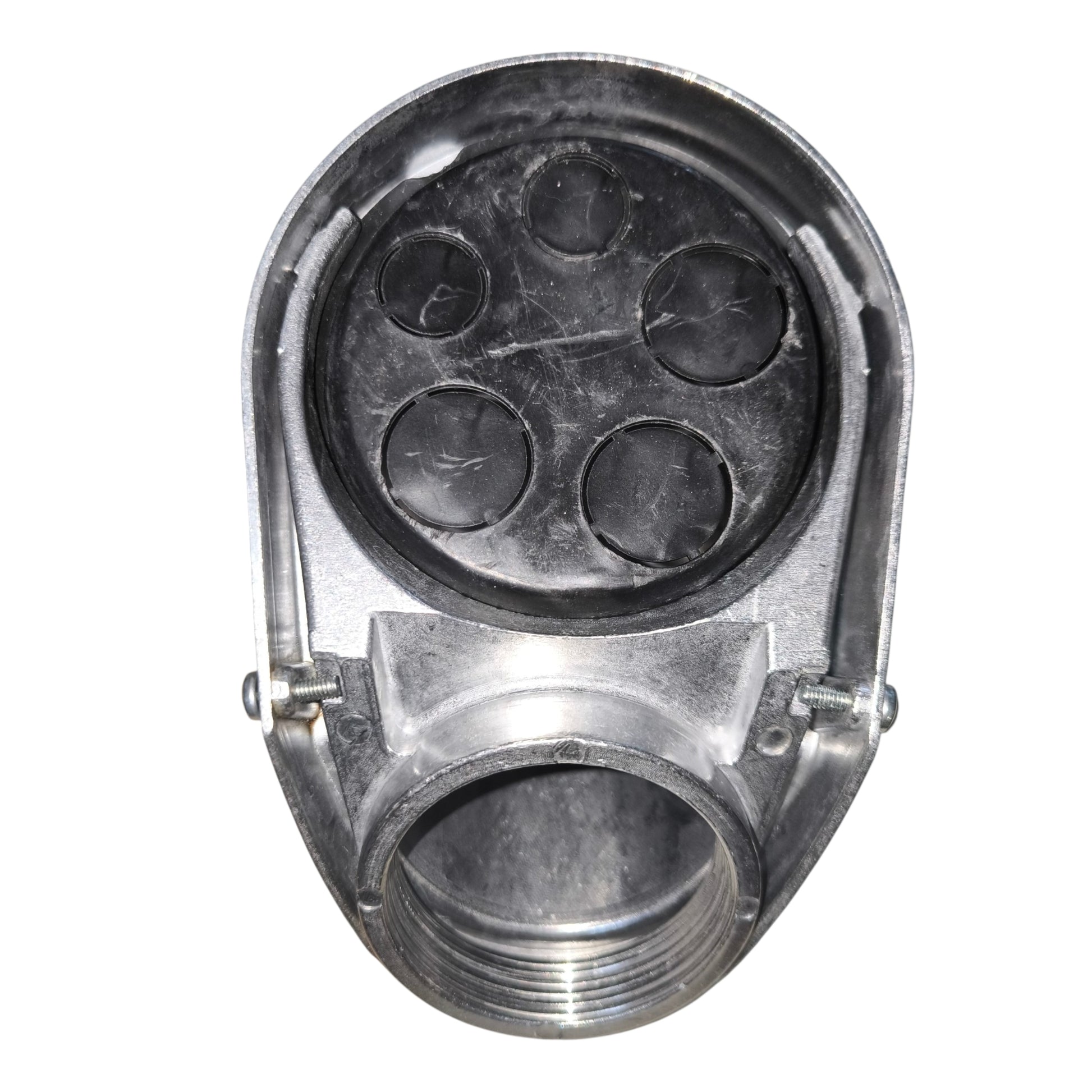 Metallic fitting with threaded end and circular opening on a white background