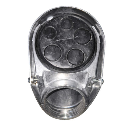 Metallic fitting with threaded end and circular opening on a white background
