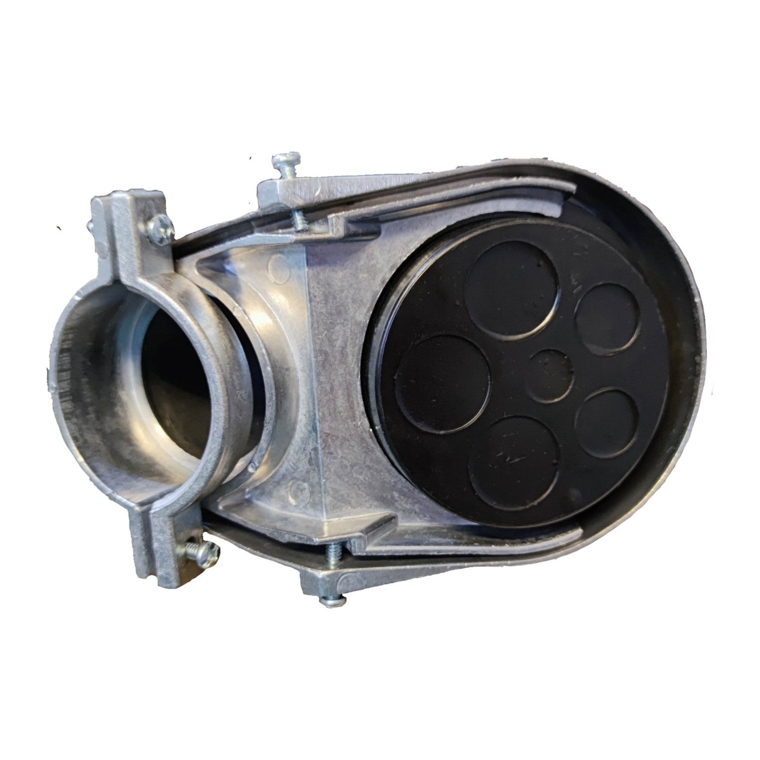 Metallic mechanical component with black interior on a white background