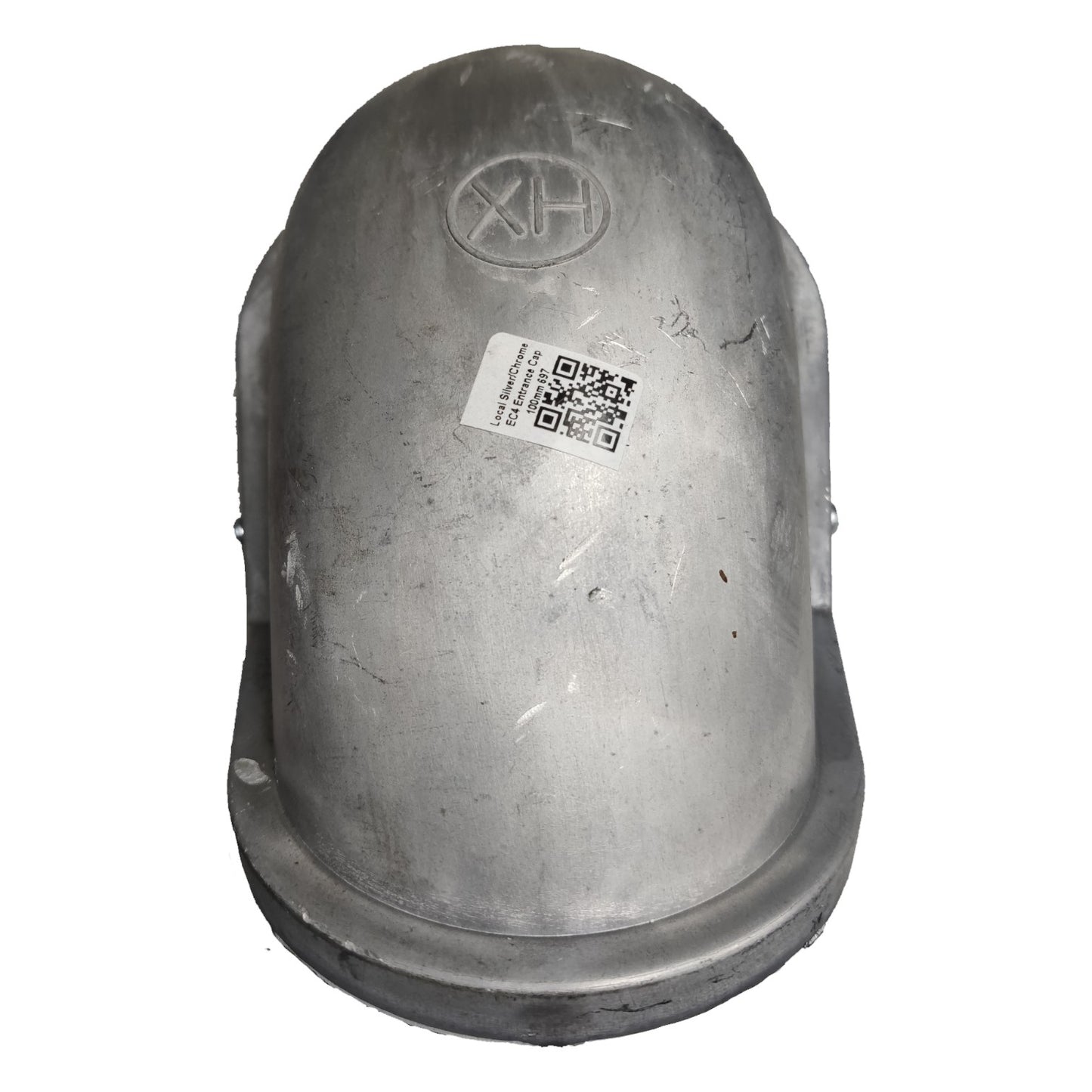 Metallic object with a QR code label on a white background