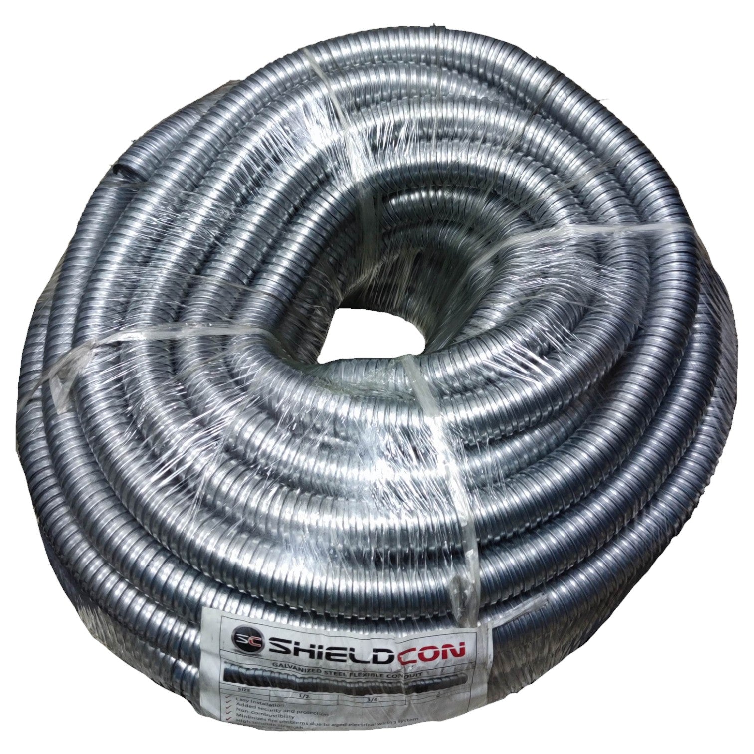 Coiled cable with Shieldcon label on a white background