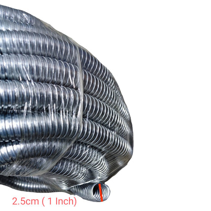 Coiled metal hose with a measurement label on a white background