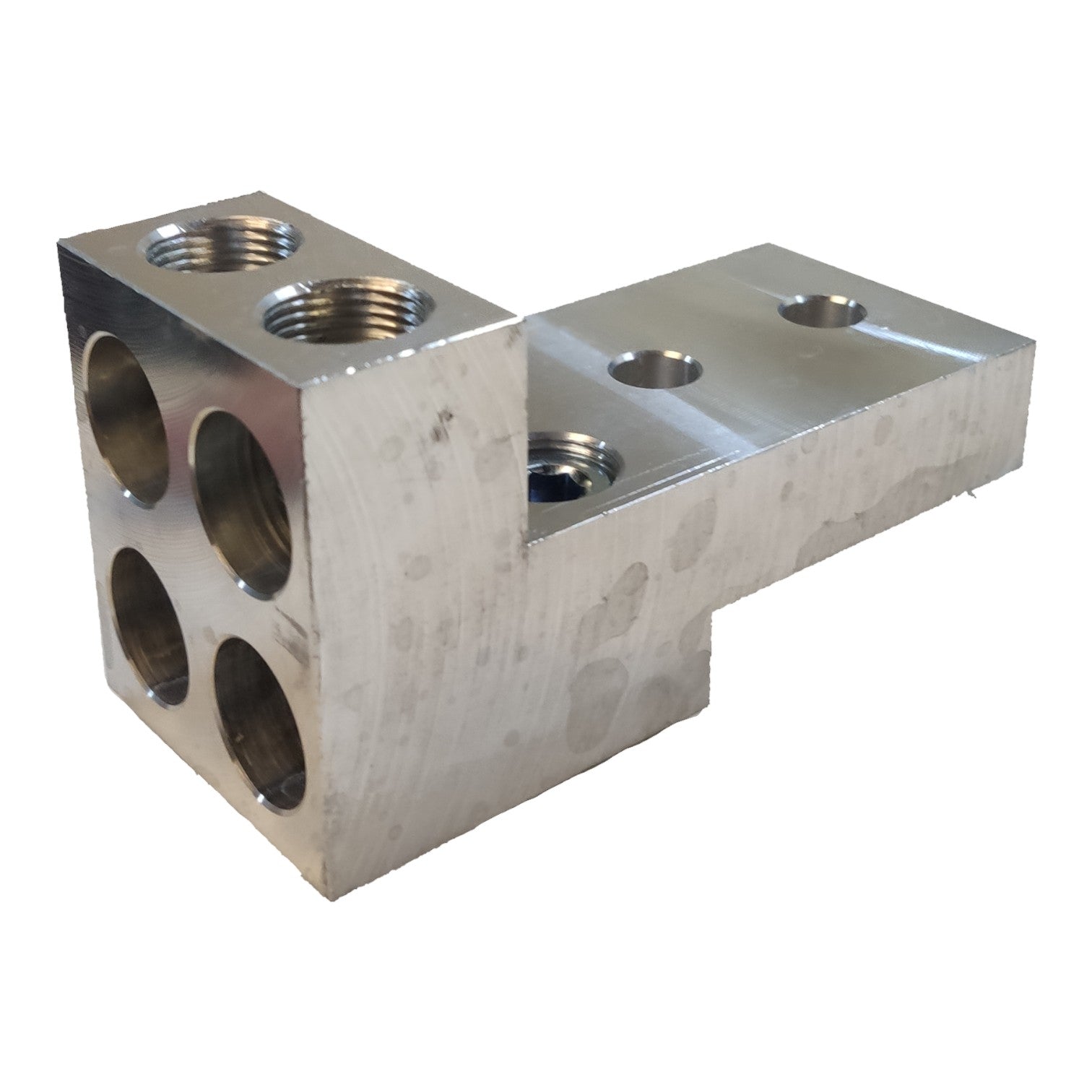 Metal component with multiple cylindrical holes on a white background