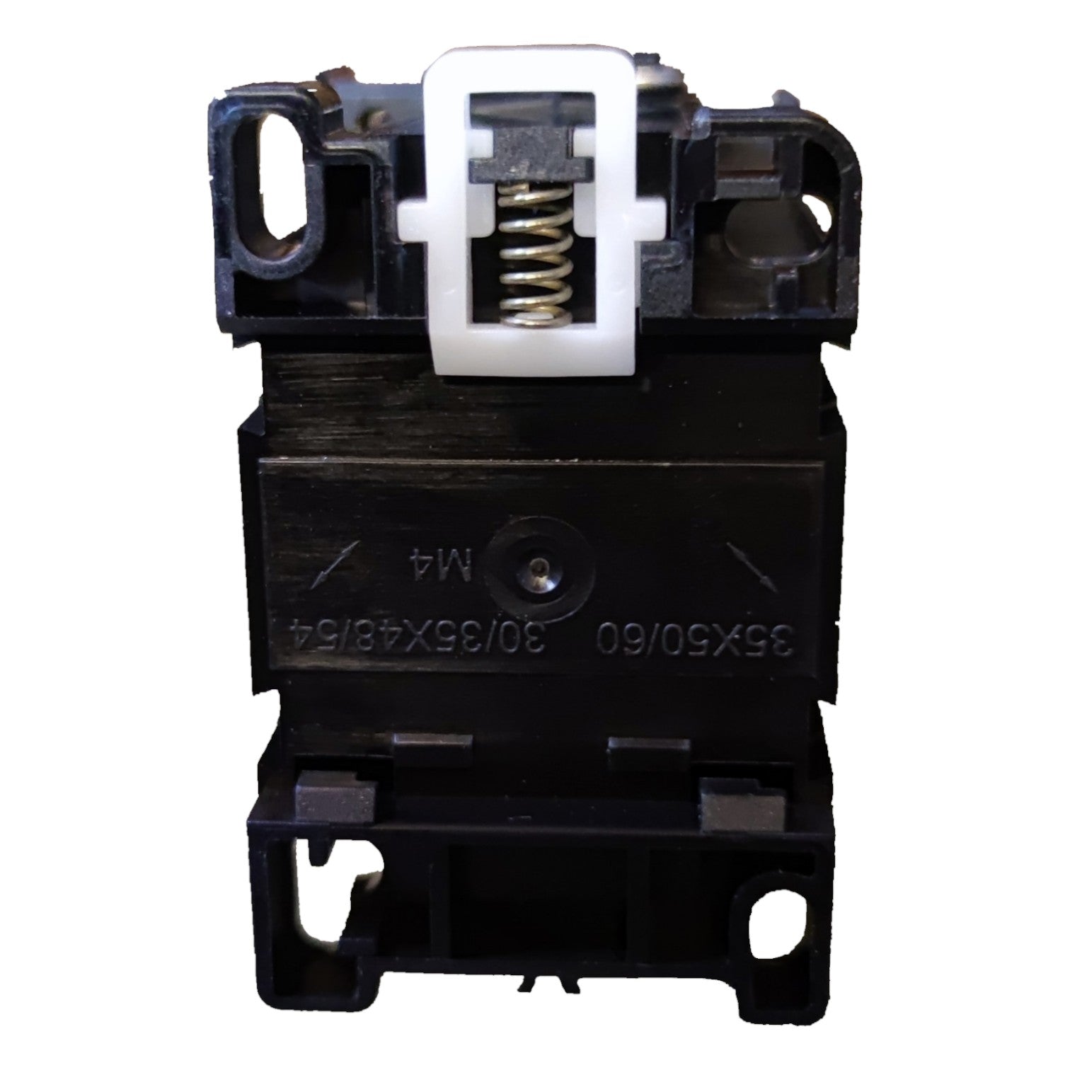 Mechanical component with black housing and white spring on a white background