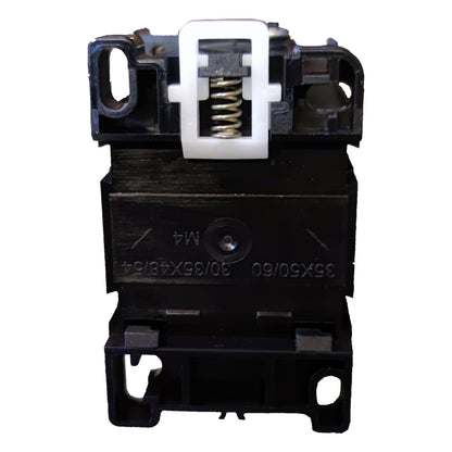 Mechanical component with black housing and white spring on a white background