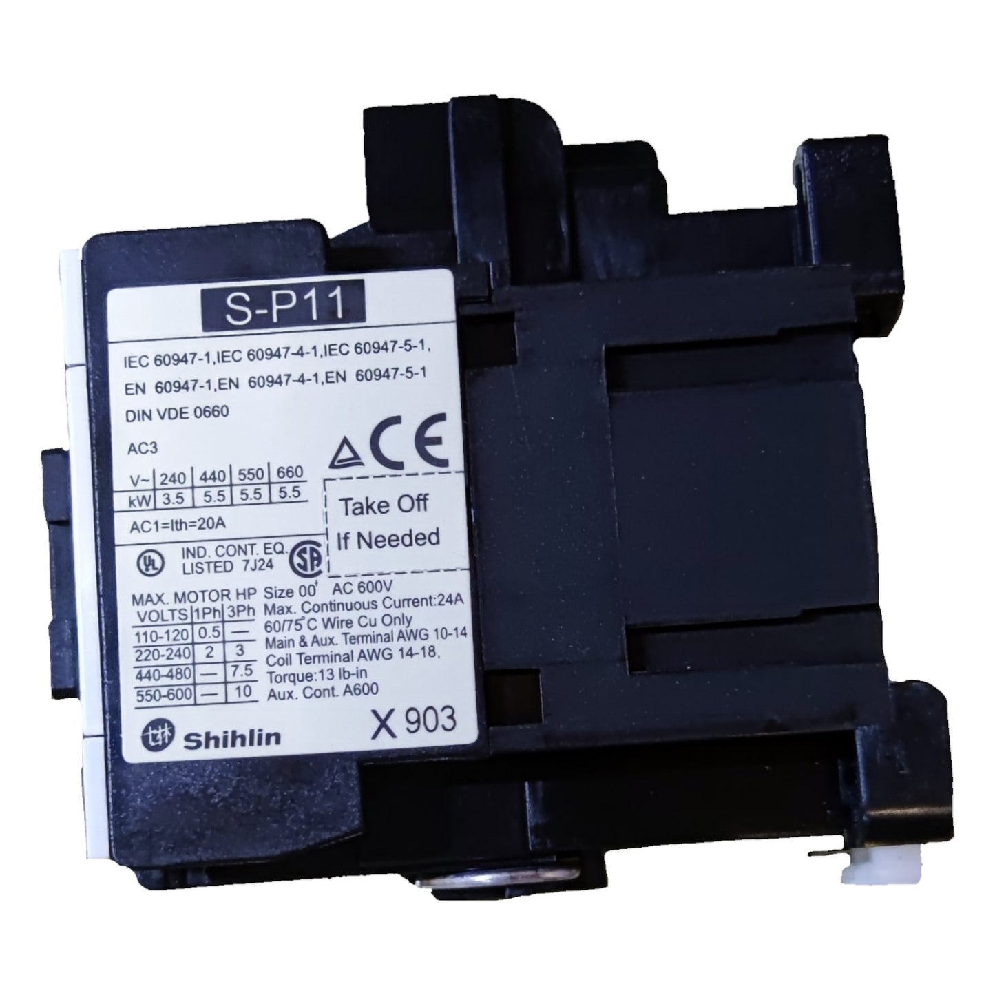 Electrical contactor with labels and specifications on a white background