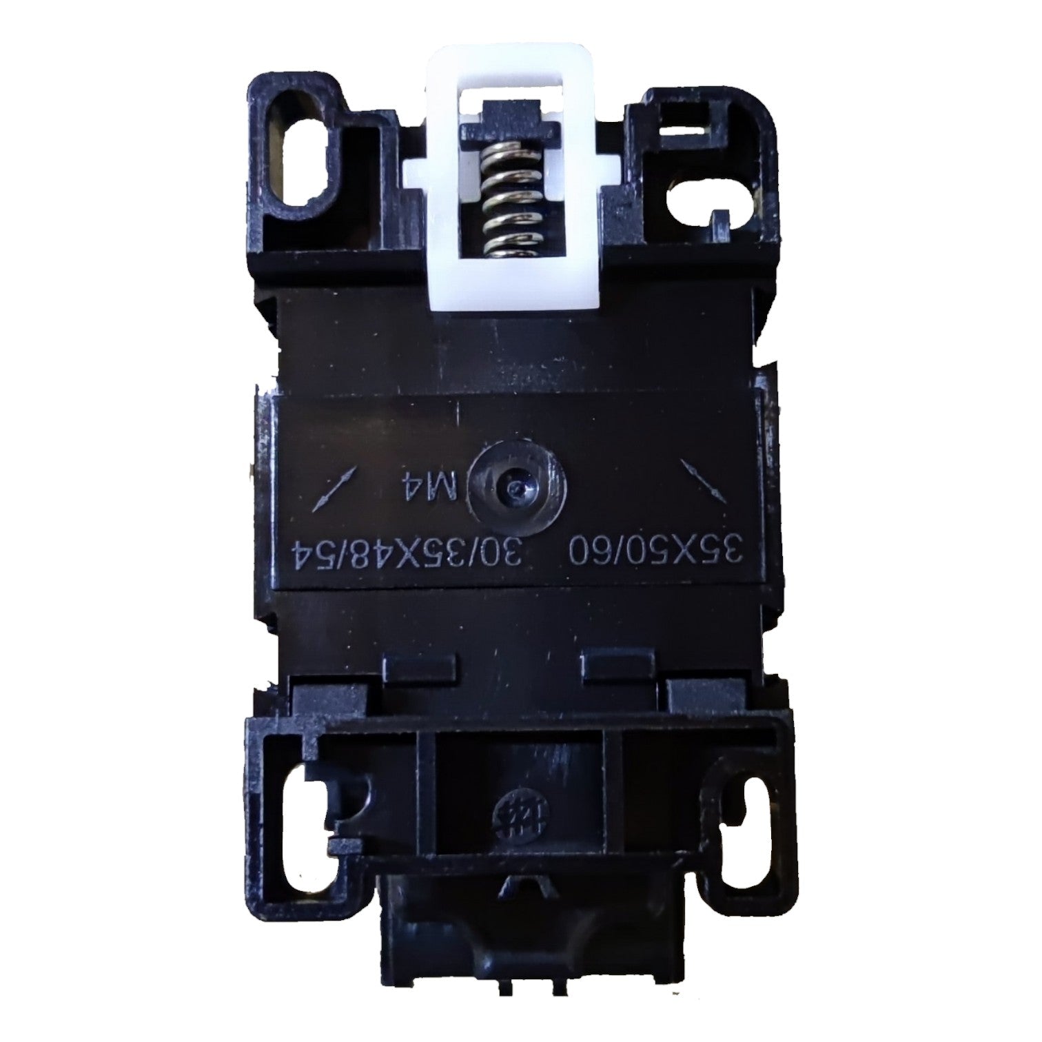 Black mechanical component with text on a white background