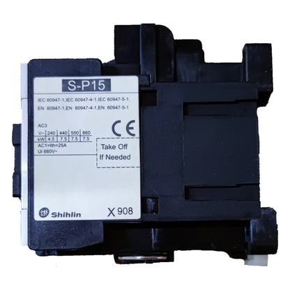 Black electrical contactor with label on a white background
