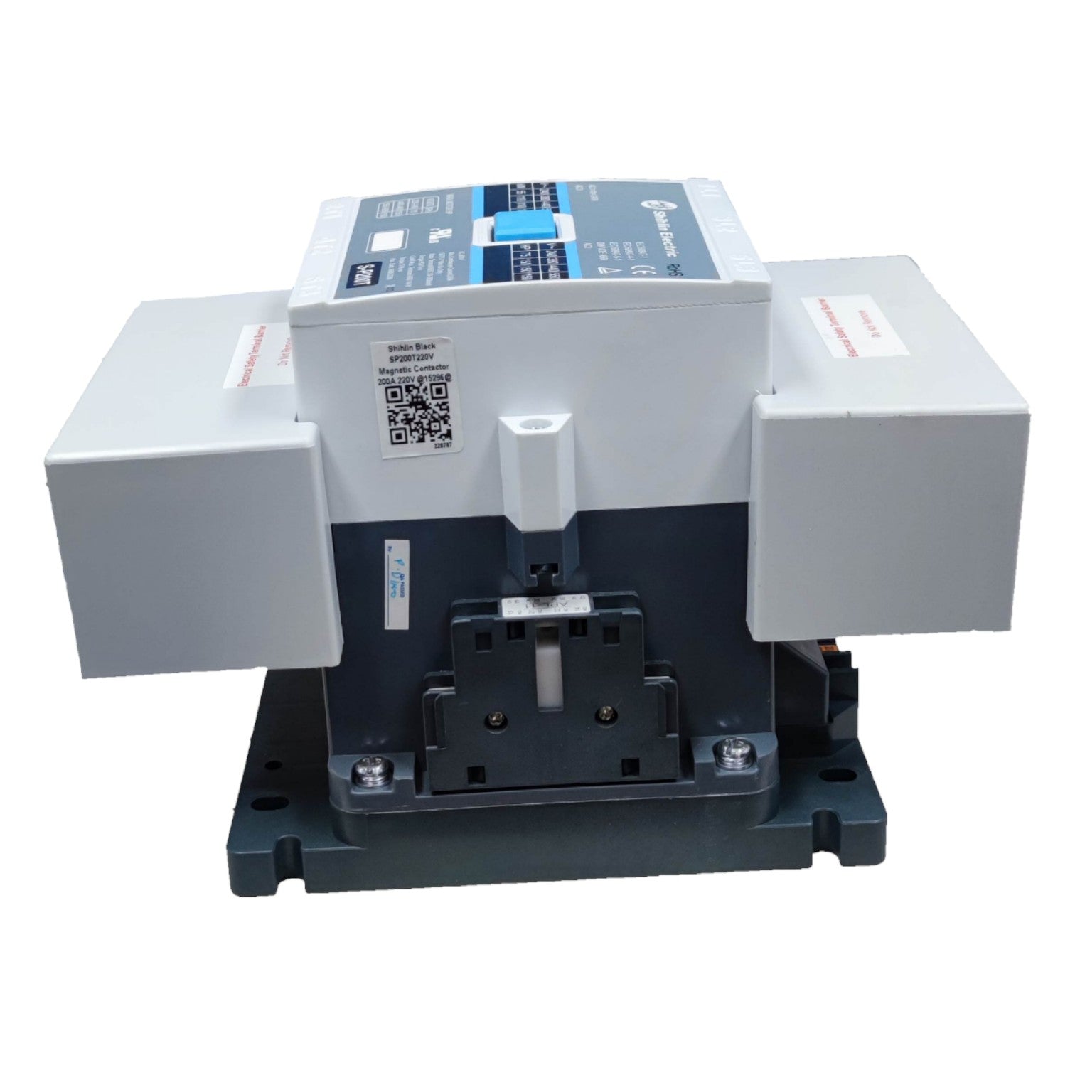 Electrical switchgear with a QR code label on a white background
